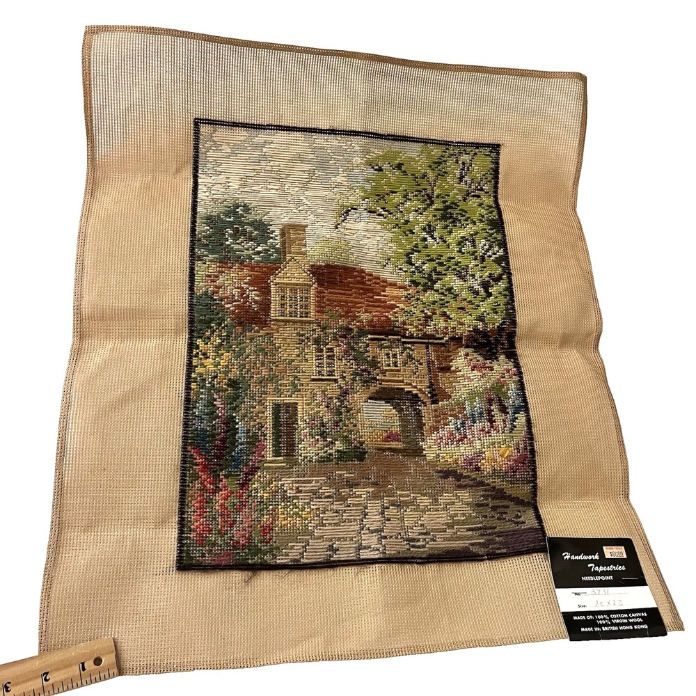 Vtg Handwork Tapestries floral cottage 20x23 unframed needlepoint English